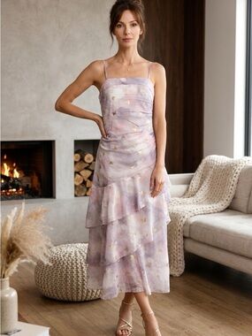 2069 - Lavender Watercolor Layered Slip Dress with Gold Foil Accents